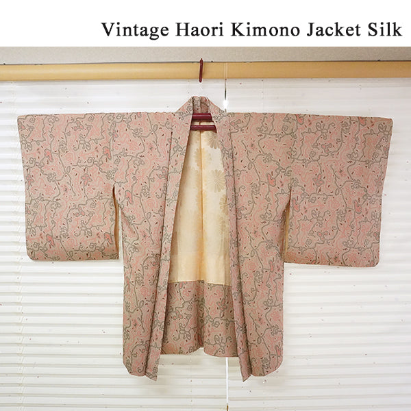 Vintage Haori Kimono Jacket Beige base, Bold Geometric Design