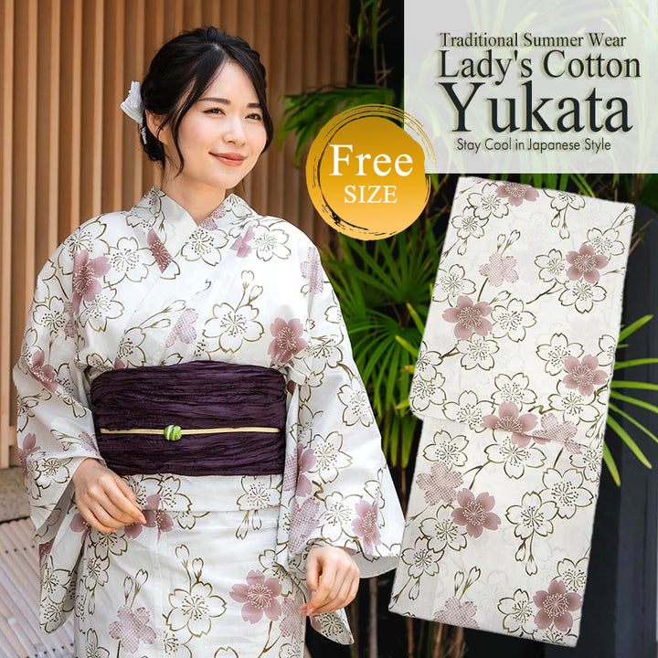 Women's Cotton Yukata, Casual Summer Kimono -Grayish white base with A graceful sakura (cherry blossom) motif featuring soft pink blooms