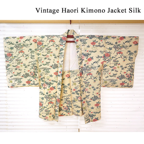 Vintage Haori Kimono Jacket Silk, Ivory base, Seasonal Flowers