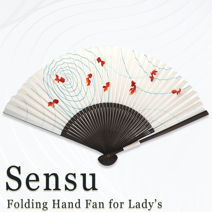 Folding Hand Fan for Lady's ,Surface Paper, Bamboo Frame, White base with Goldfish, wave pattern