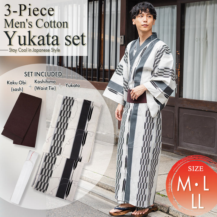 Men's Yukata Cotton Coordinate Set For Beginners : Off-White Yagasuri Yukata