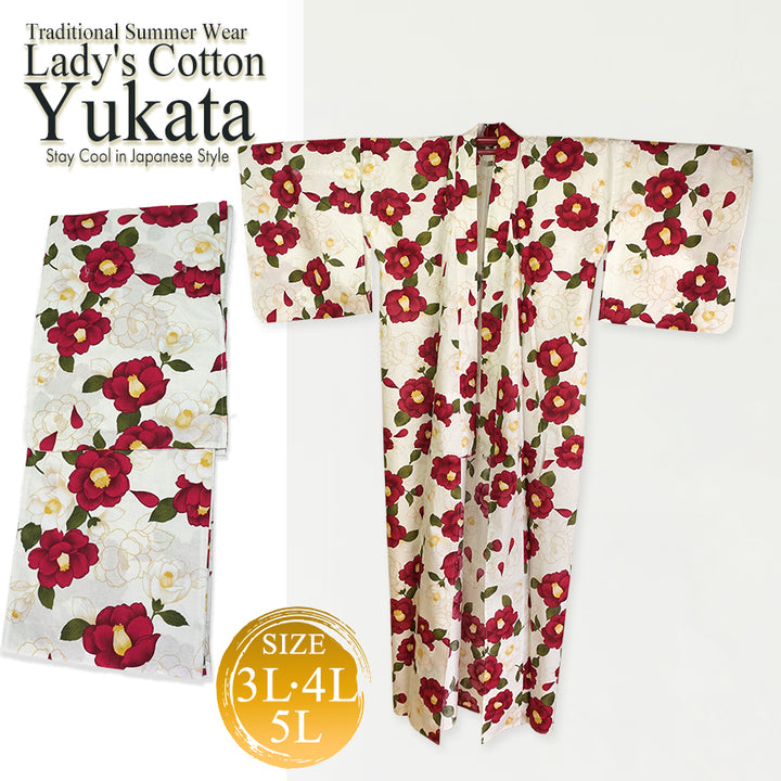 Plus‑Size Women's Cotton Yukata (3L/4L/5L), Casual Summer Kimono – Light Beige with Red Camellia Pattern