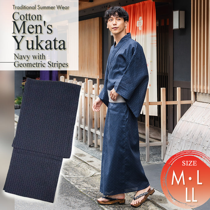 Men's Yukata Cotton : Navy with Geometric Stripes Yukata