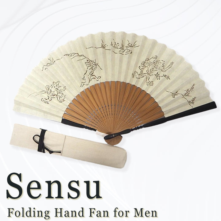 Folding Hand Fan for Men ,Surface Silk, Bamboo Frame,  light beig base,  “Chōjū-giga” animal caricatures  design