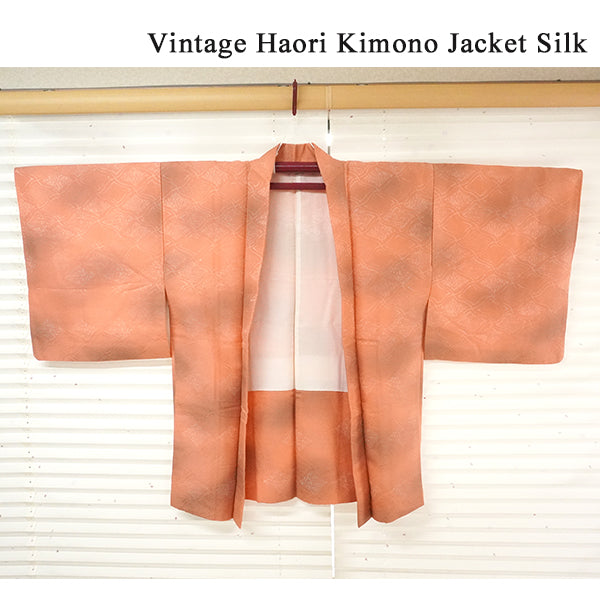 Vintage Haori Kimono Jacket Silk, Orange base, Diamond Grid (Hishikōshi)