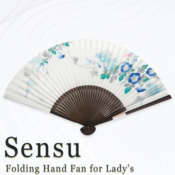 Folding Hand Fan for Lady's ,Surface Paper, Bamboo Frame, White base with Flower, Morning Glories