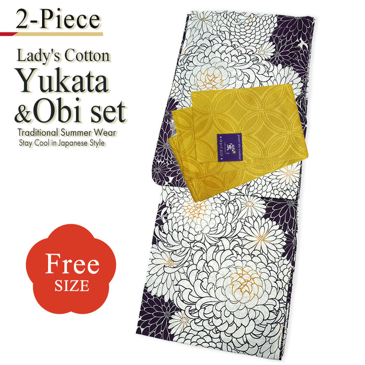 Women's Lightweight Cotton Yukata ＆Obi -2piece Coordinate set, Casual Summer Kimono -White Base with Chrysanthemum Allover