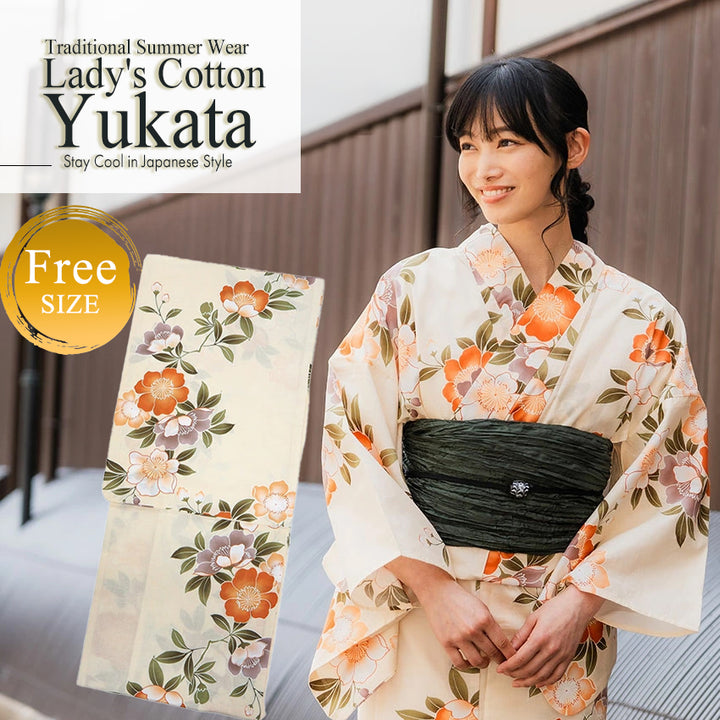 Women's Cotton Yukata, Casual Summer Kimono -Beige Base with Camellia Design