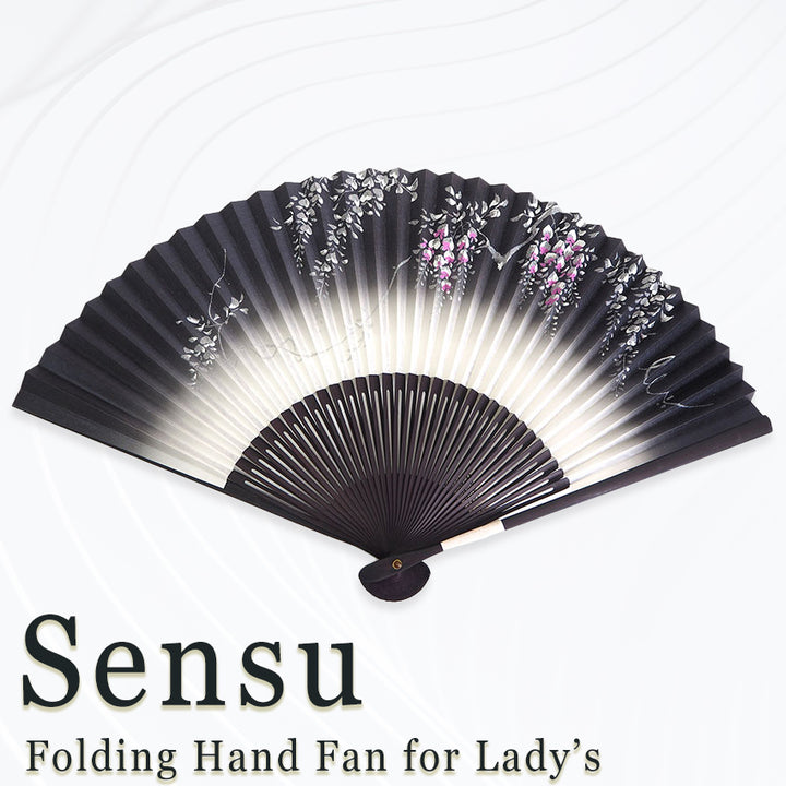 Folding Hand Fan for Lady's ,Surface Paper, Bamboo Frame, Nearly Black Navy base with Flower, Wisteria