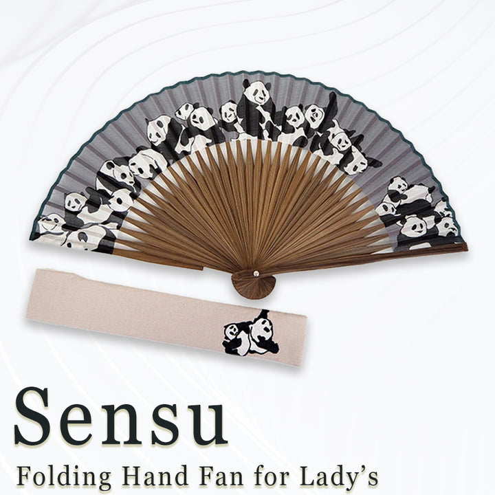 Folding Hand Fan for Lady's ,Surface Cotton, Bamboo Frame, Black base cute panda Pattern