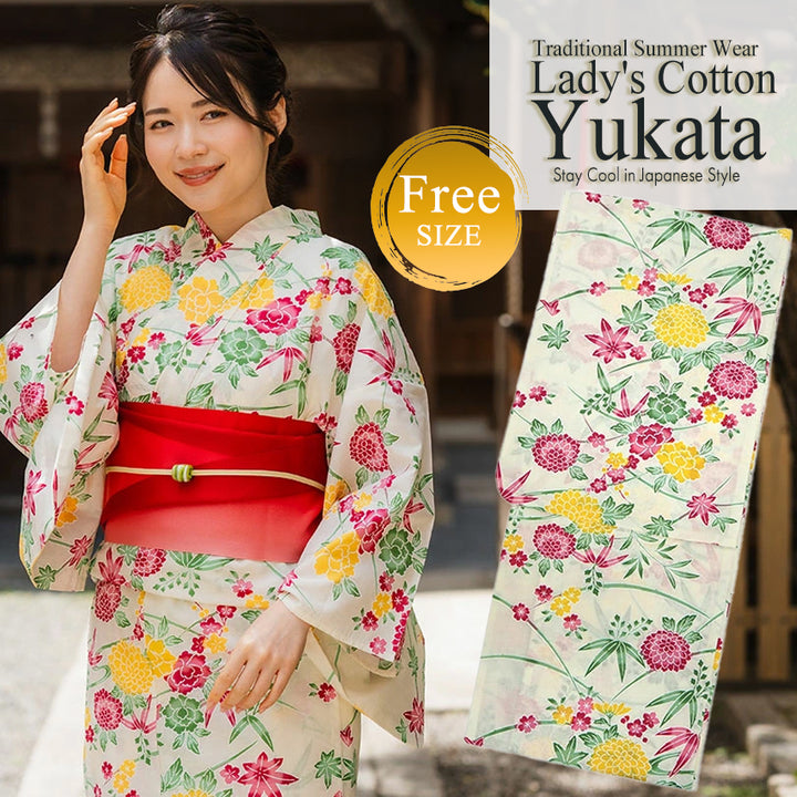 Women's Cotton Yukata, Casual Summer Kimono -Light Beige Base with Pink and yellow Autumn leaves and chrysanthemums