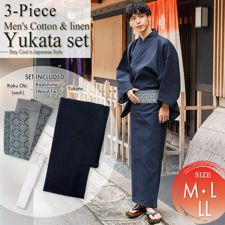 Men's Yukata Cotton & Linen Coordinate Set For Beginners : Solid Navy Yukata