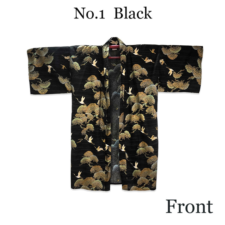 Men's Happi Coat: Kimono Robe -Black, Navy Blue, Red base, Cranes & Pine Trees