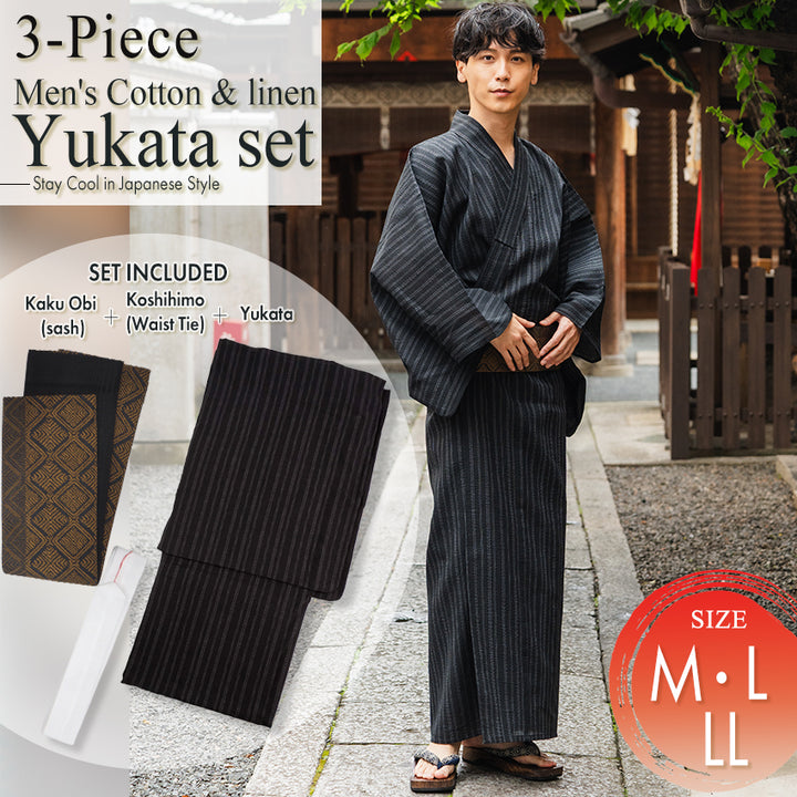 Men's Yukata Cotton & Linen Coordinate Set For Beginners : Black with Random Stripes Yukata