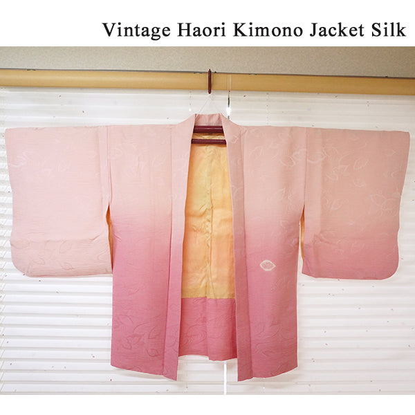 Vintage Haori Kimono Jacket Silk, Pink Gradient base, Flowing Water and Leaves