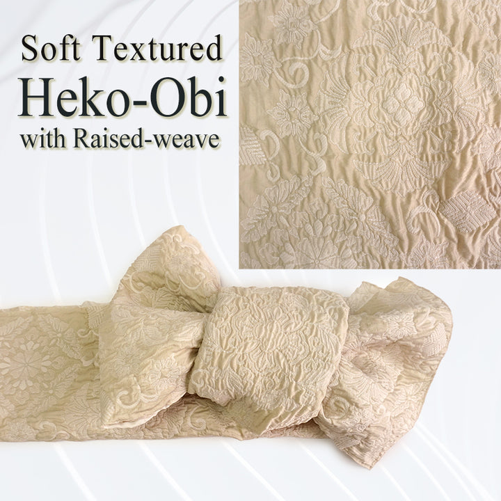 Soft Heko Obi - Lightweight Japanese Kimono Belt for Yukata or Casual Wear Ivory Traditional Motif