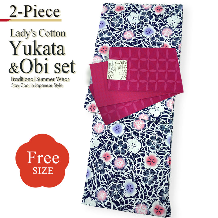 Women's Lightweight Cotton Yukata ＆Obi -2piece Coordinate set, Casual Summer Kimono  -Navy Base with Nadeshiko Flowers