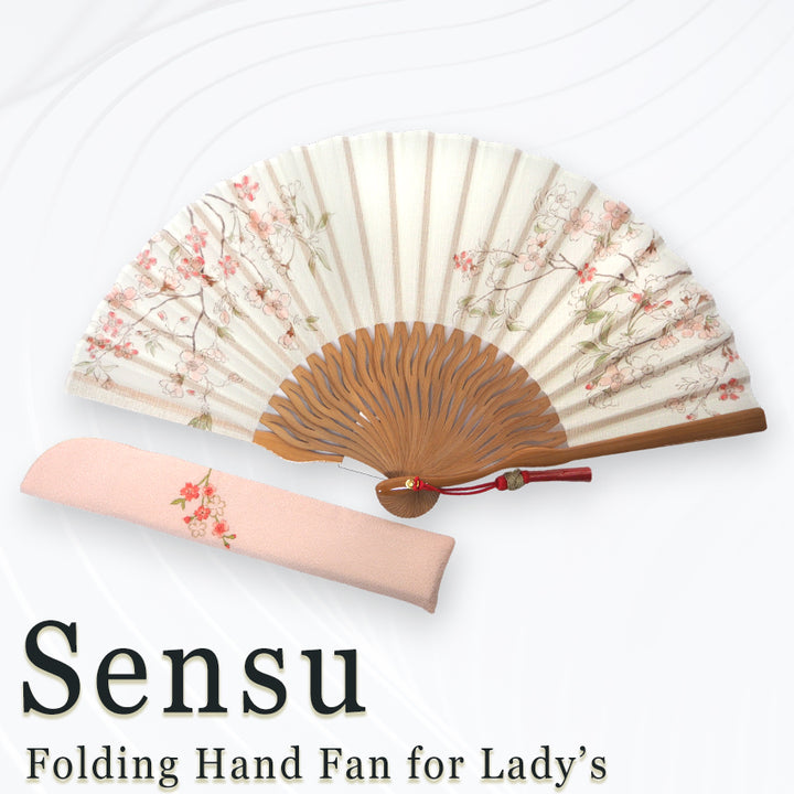 Folding Hand Fan for Lady's ,Surface Cotton, Bamboo Frame, Wakakusa -light green with pink-blushed cherry blossoms, slightly sheer