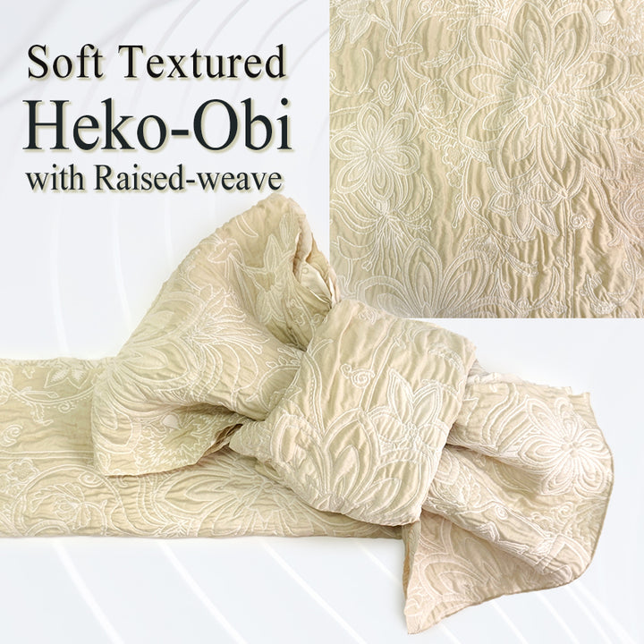Soft Heko Obi - Lightweight Japanese Kimono Belt for Yukata or Casual Wear Ivory Floral