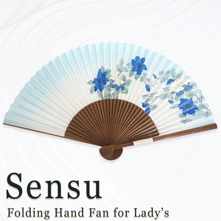 Folding Hand Fan for Lady's ,Surface Paper, Bamboo Frame, Pale Blue Gradation base with Flower, Clematis