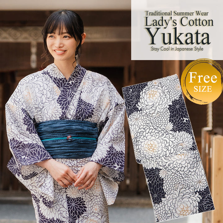 Women's Cotton Yukata, Casual Summer Kimono -White Base with Chrysanthemum Allover