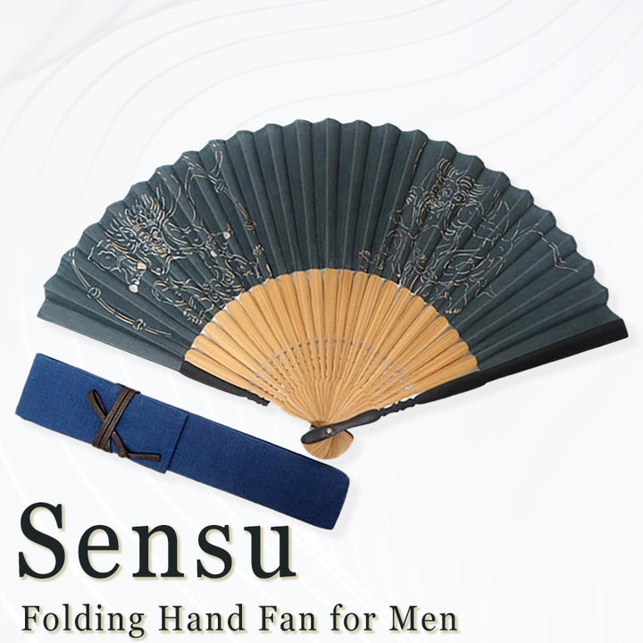 Folding Hand Fan for Men ,Surface Silk, Bamboo Frame,  moss green base, Wind God & Thunder God Design