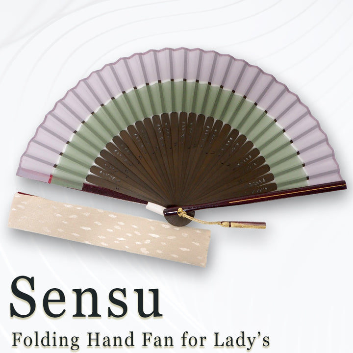 Folding Hand Fan for Lady's ,Surface Polyester, Bamboo Frame, Fuji (grayish lavender purple & muted willow green)