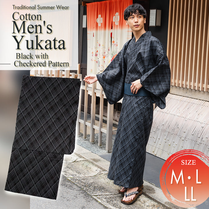 Men's Yukata Cotton : Black with Checkered Pattern Yukata