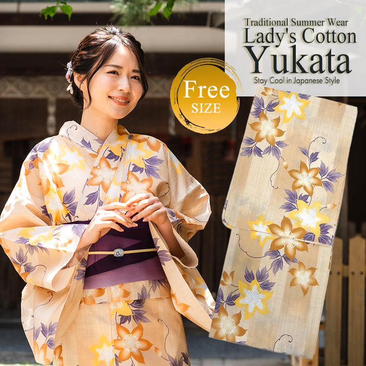 Women's Cotton Yukata, Casual Summer Kimono -Light beige Base,  “yagasuri” (arrow feather) patterns with clematis flowers