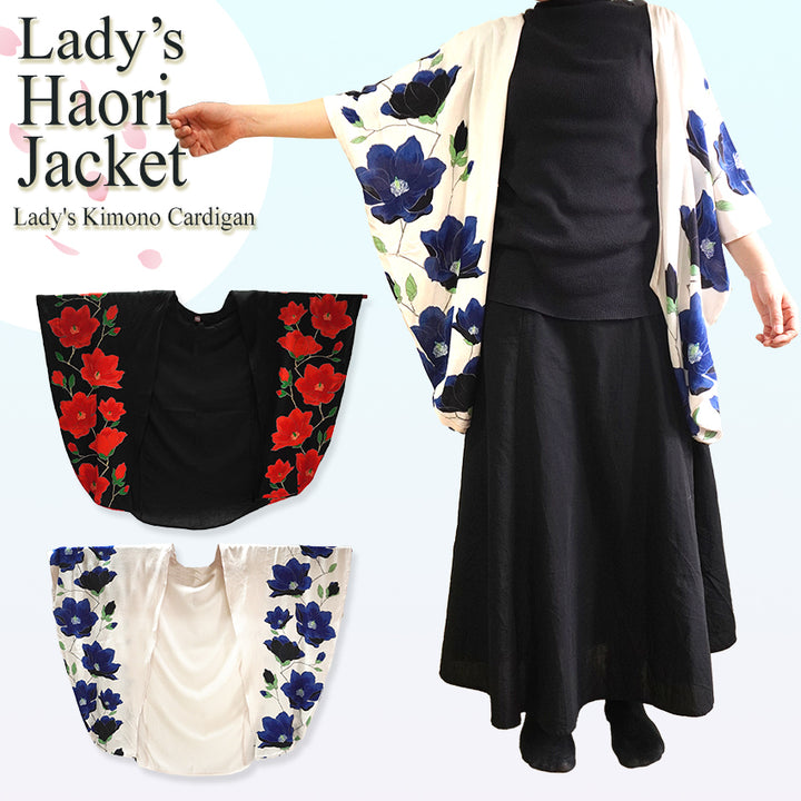 Lady's Haori , Kimono Cardigan -Black , White base – Magnolia pattern