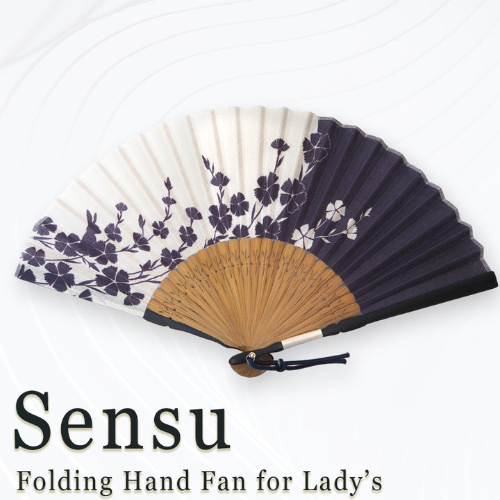 Folding Hand Fan for Lady's ,Surface Cotton, Bamboo Frame, Navy (white & deep navy with pinks and hidden rabbits, slightly sheer)