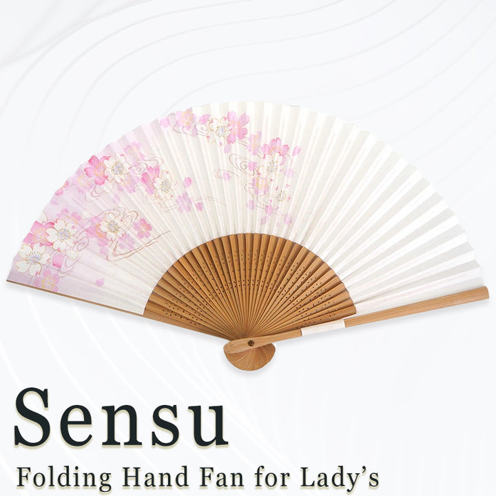 Folding Hand Fan for Lady's ,Surface Paper, Bamboo Frame, White base with Pink Flowing water & Cherry Blossoms pattrn