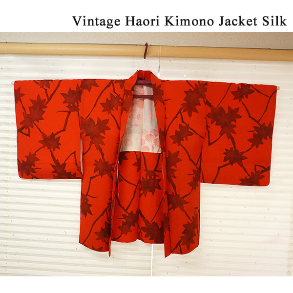 Vintage Haori Kimono Jacket Silk,Vivid Red base,  Maple Leaves
