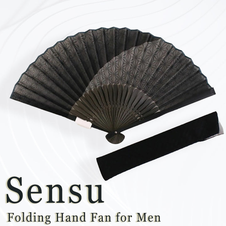 Folding Hand Fan for Men,Surface Cotton ,Bamboo Frame, Shades of gray (dark and light)  base, Asanoha (hemp leaf) design