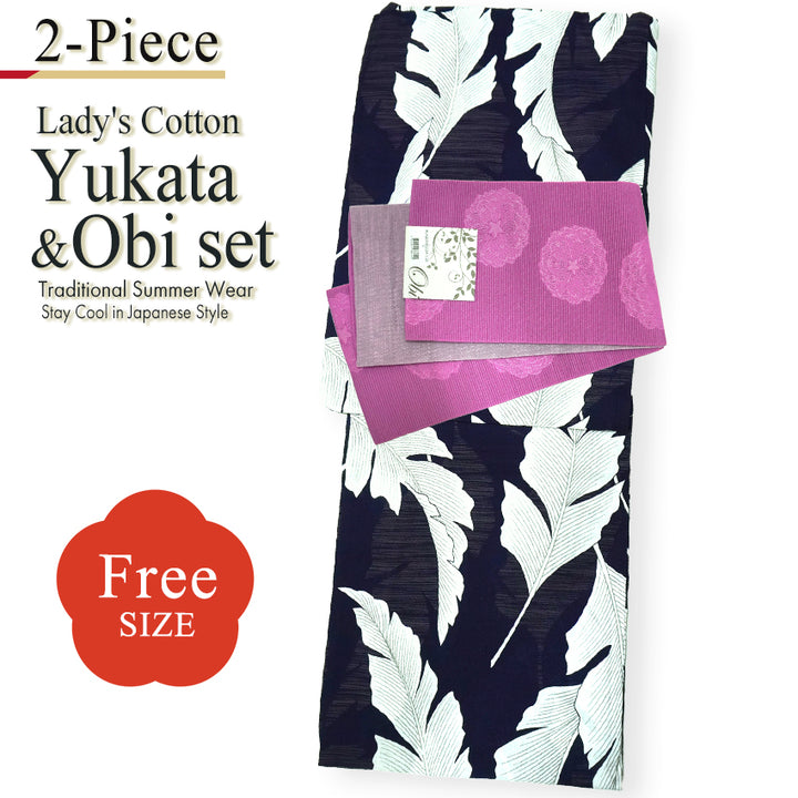 Women's Lightweight Cotton Yukata ＆Obi -2piece Coordinate set, Casual Summer Kimono  -Navy Base with large banana leaves (bashō) for a bold and tropical-inspired look.