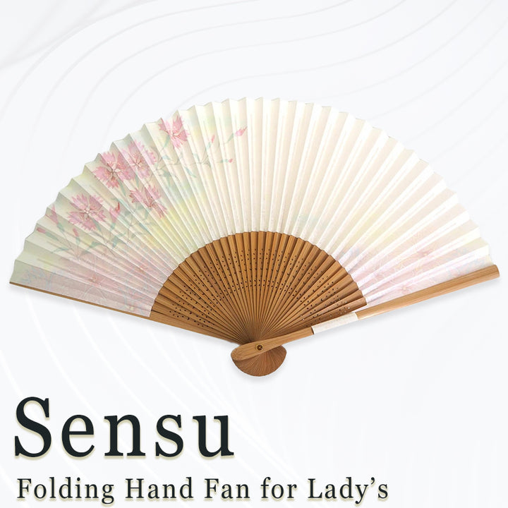 Folding Hand Fan for Lady's ,Surface Paper, Bamboo Frame, White/Cream Gradation base with Flower, Pink Dianthus