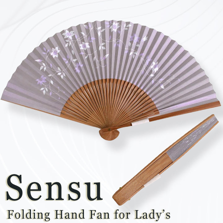 Folding Hand Fan for Lady's, Paper Fabric , Bamboo Frame, siiver base, clematis flower design