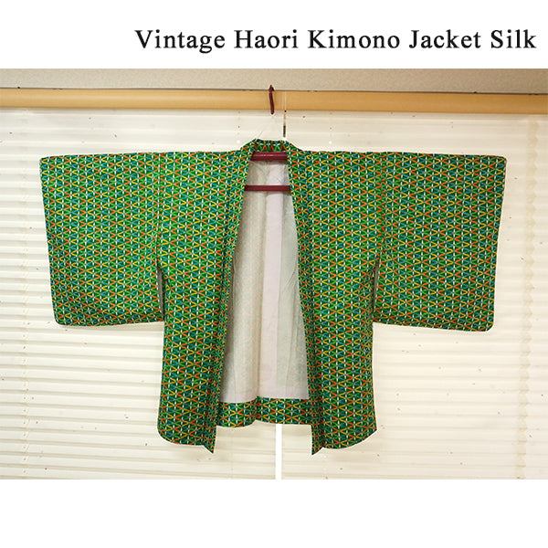 Vintage Haori Kimono Jacket Silk, Green base, Colorful Geometric Patterns