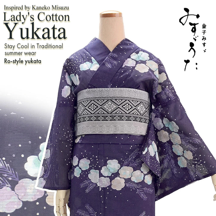 Lightweight Cotton Yukata for Women, Purple base, Crisp geometric snowflakes, Flower pattern – Inspired by Kaneko Misuzu’s Poetry, Summer Japanese Kimono Robe