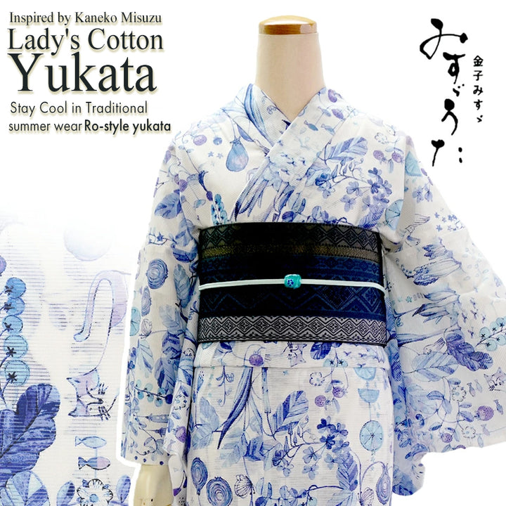 Lightweight Cotton Yukata for Women, blue base, vegetables, cats, birds pattern– Inspired by Kaneko Misuzu’s Poetry, Summer Japanese Kimono Robe