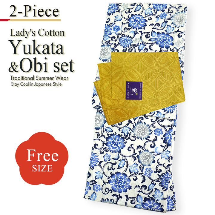 Women's Lightweight Cotton Yukata ＆Obi -2piece Coordinate set, Casual Summer Kimono  - White Base with Blue, Gray, and Navy Floral Arabesque
