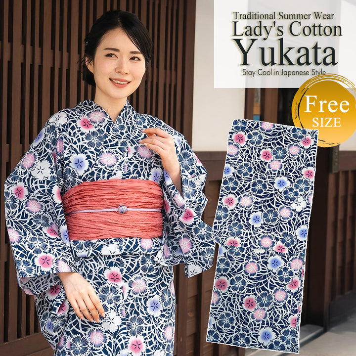 Women's Cotton Yukata, Casual Summer Kimono -Navy Base with Nadeshiko Flowers