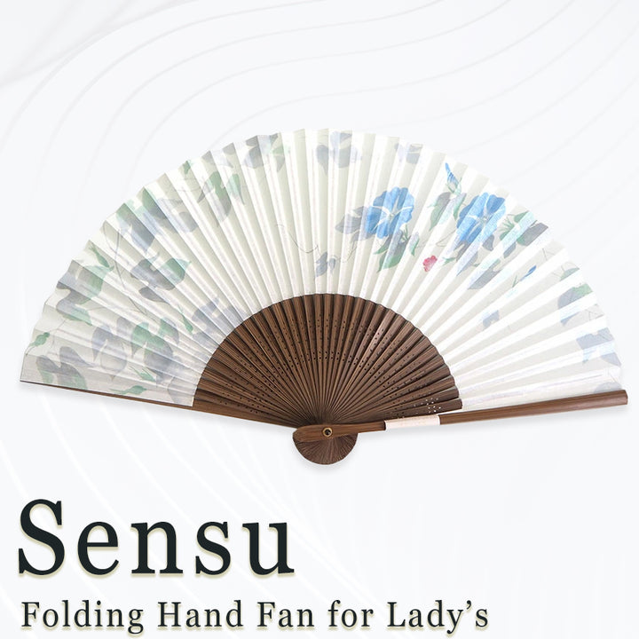 Folding Hand Fan for Lady's ,Surface Paper, Bamboo Frame, White base with Flower, Elegant Blue Morning Glories