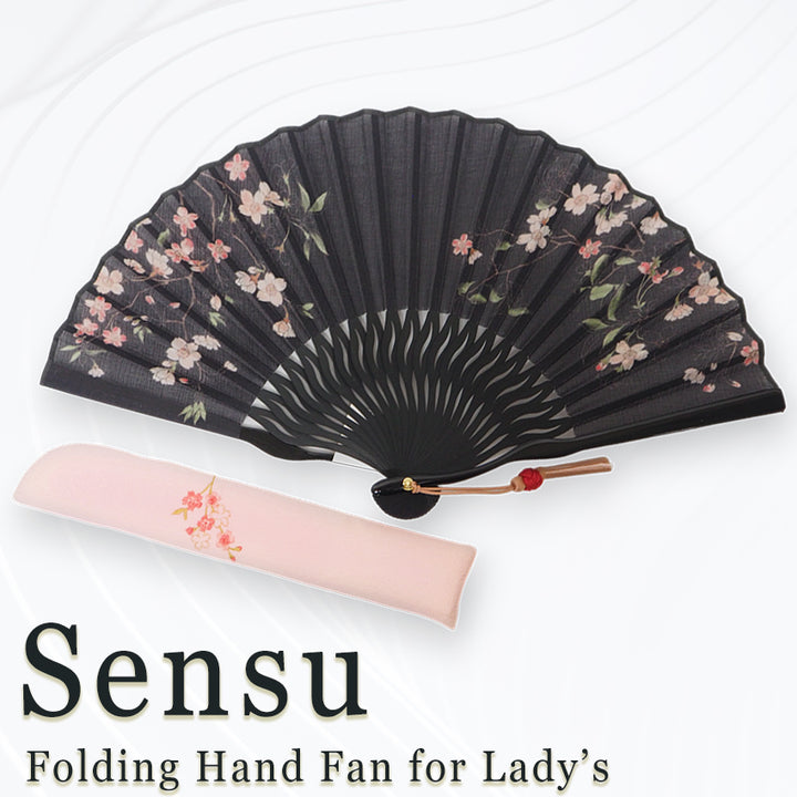 Folding Hand Fan for Lady's ,Surface Cotton, Bamboo Frame, Black (black background with pink-blushed cherry blossoms, slightly sheer)