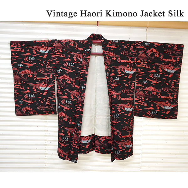 Vintage Haori Kimono Jacket Silk, Black base,Scenic Motifs