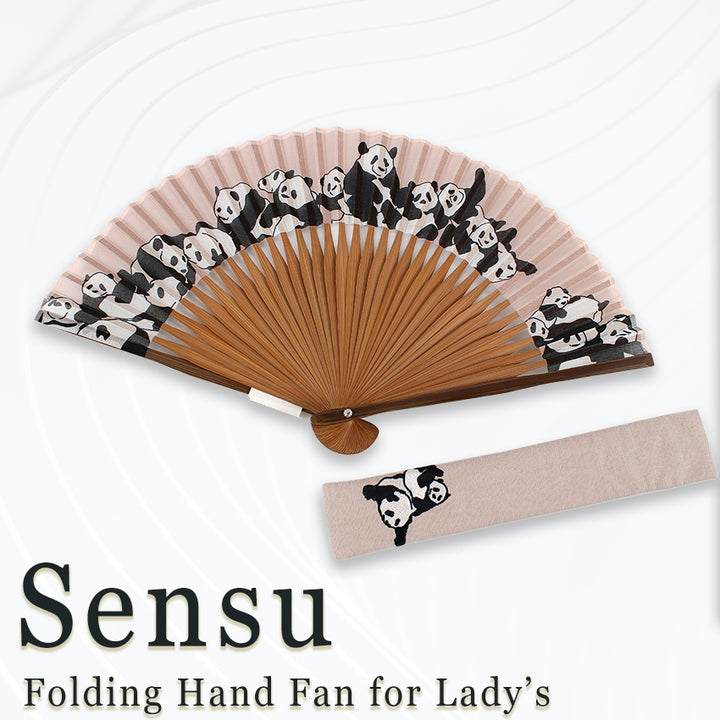 Folding Hand Fan for Lady's ,Surface Cotton, Bamboo Frame, Pink Beige base cute panda Pattern