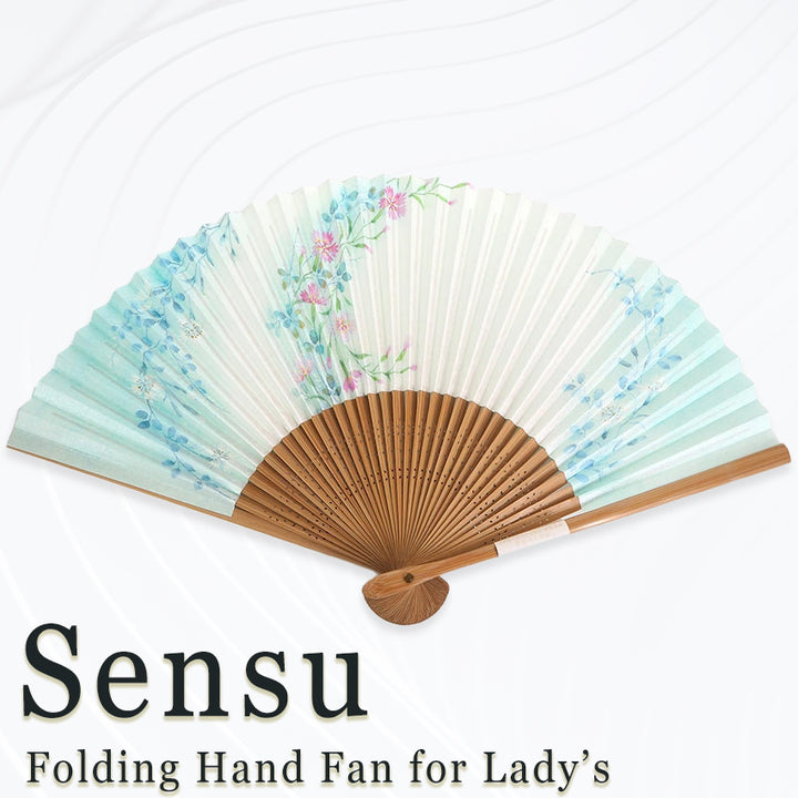 Folding Hand Fan for Lady's ,Surface Paper, Bamboo Frame, White/Light Blue Gradation base with Flower White & Pink Dianthus