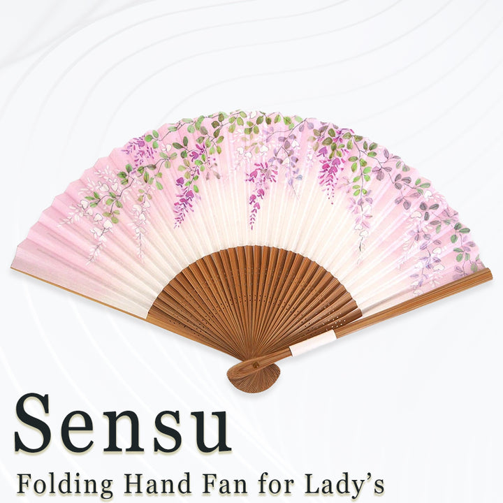 Folding Hand Fan for Lady's ,Surface Paper, Bamboo Frame, White/Pink Gradation base with Flower Bush Clover