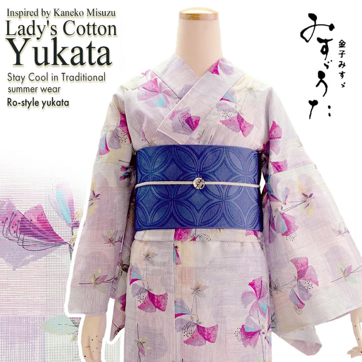 Lightweight Cotton Yukata for Women, Purple base, azalea flower pattern – Inspired by Kaneko Misuzu’s Poetry, Summer Japanese Kimono Robe