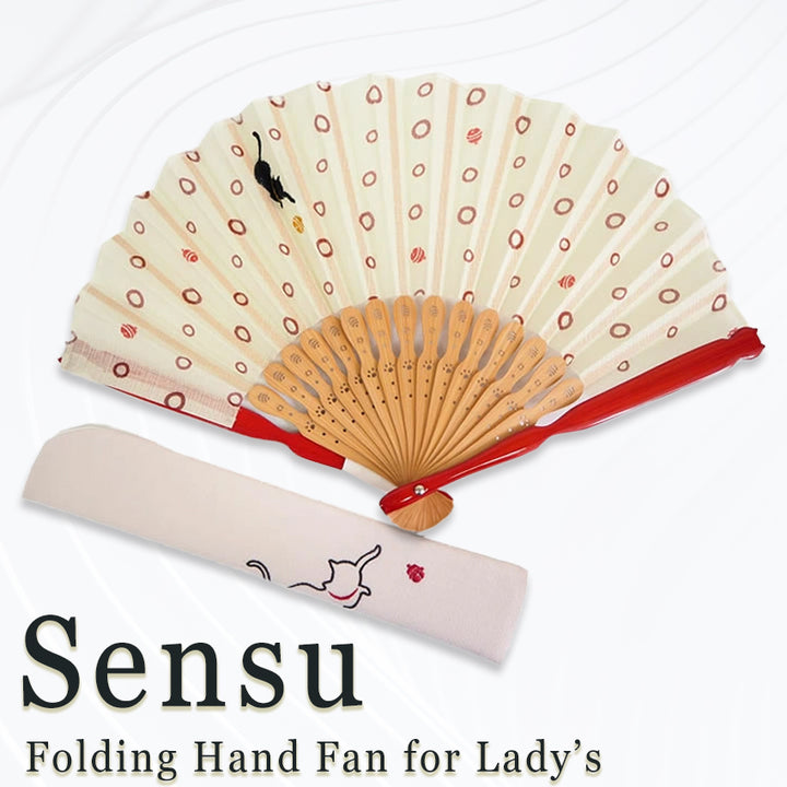 Folding Hand Fan for Lady's ,Surface Cotton, Bamboo Frame, Light Beige base with Circular Motifs and an Adorable Cat Design